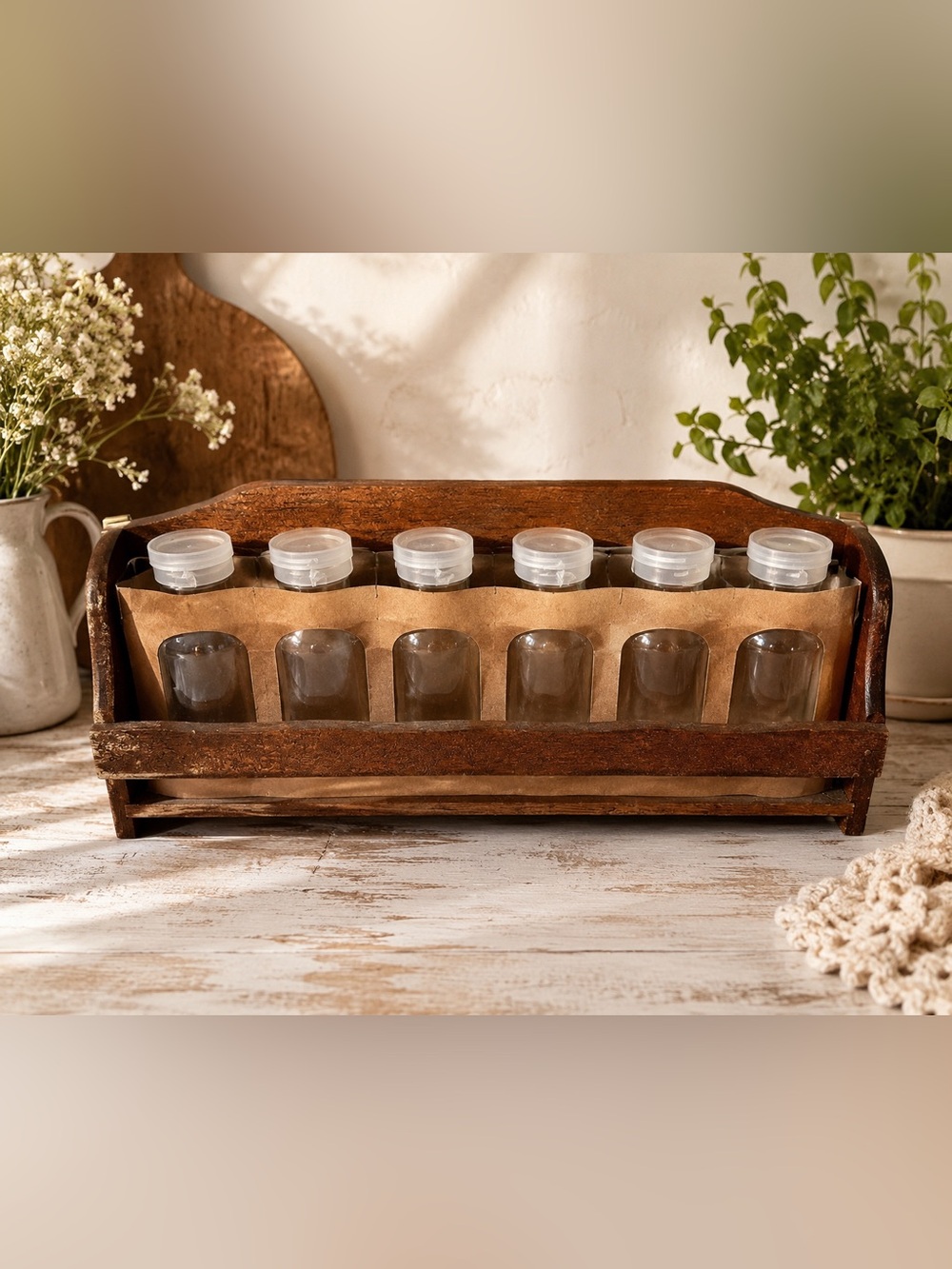 Vintage Wooden Wall Shelf Spice Rack with 6 Glass Jars Rustic Farmhouse Kitchen
